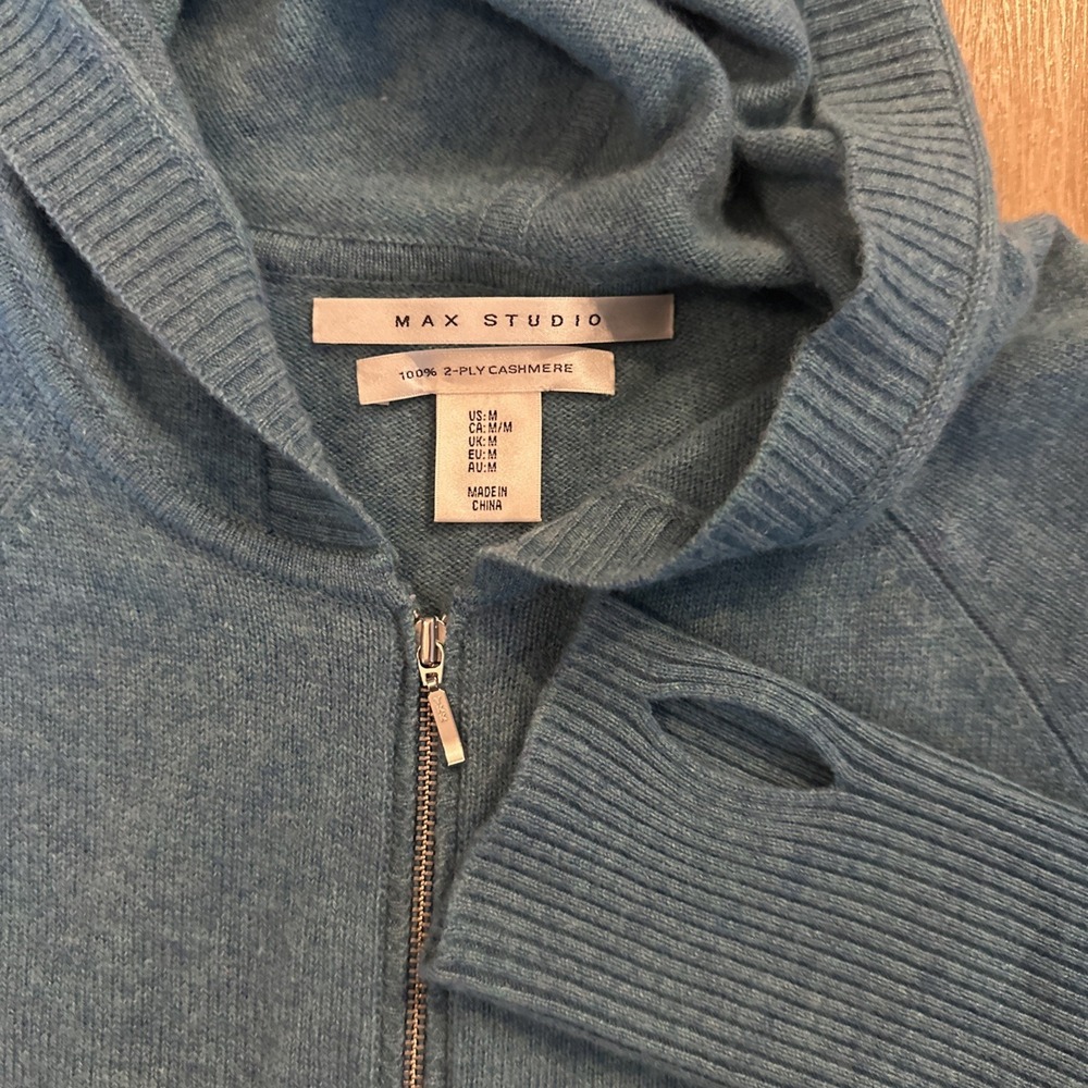 Max Studio Hooded Cardigan 100% 2 Ply Cashmere Teal Blue Women's Medium - Picture 2 of 6